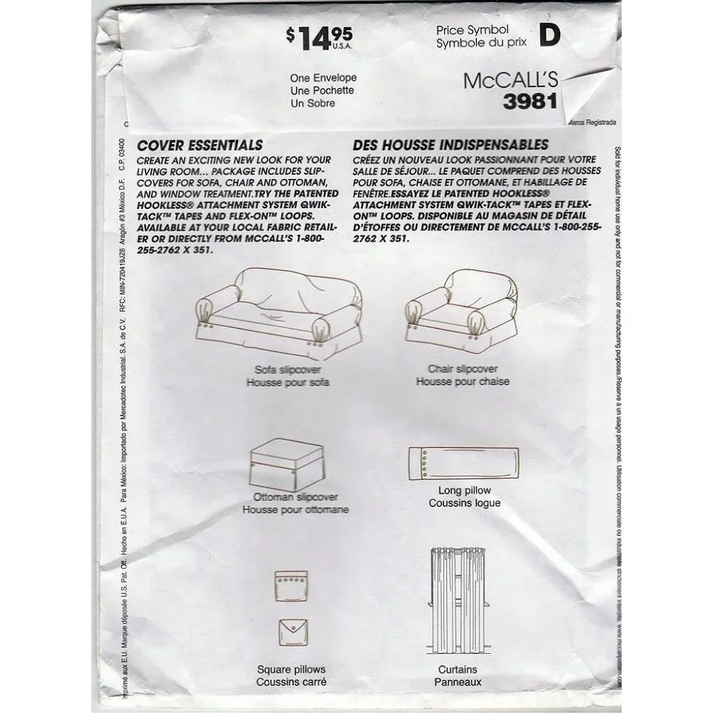 McCalls Sewing Pattern 3981 sofa chair‎ ottoman cover pillow covers curtains